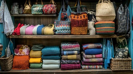 Product Display of Recycled Goods A hyper-realistic image showcasing a retail display of products made from recycled materials, such as clothing, accessories, and home goods. 