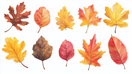 A collection of colorful autumn leaves from oak, maple, and chestnut trees.  These simple yellow, red, and orange leaves are perfect for patterns, banners, stickers, or greeting cards.