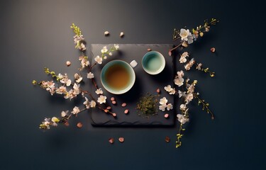 A slate surface features two ceramic bowls, one filled with tea, surrounded by delicate white blossoms and loose tea leaves.