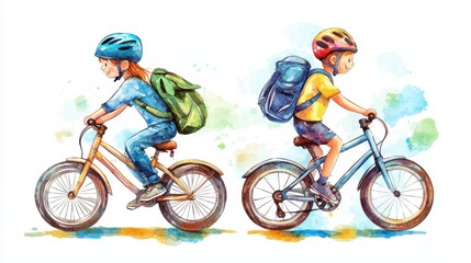 Obraz premium Two children riding bicycles in a colorful watercolor style, showcasing joy and adventure in outdoor activity.