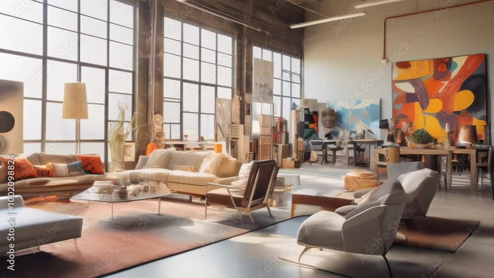 Poster sunlight streaming through large windows illuminates a stylish open plan industrial apartment interi