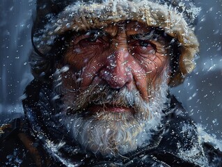 Obraz premium Intense Portrait of a Man in the Snow: A Winter's Tale