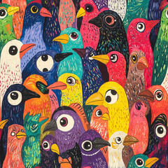 Vibrant seamless cartoon birds pattern in various colors