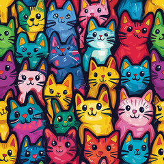 Seamless lively pattern featuring cartoon cats in a variety of bold colors, each with unique expressions on a colorful background.