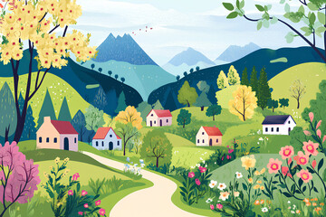 Nature and landscape. illustration of trees, forest, mountains, flowers, plants, houses, fields, farms and villages. Picture for background, card or cover
