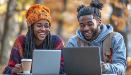 Two college students laughing and working on laptops outdoors in autumn