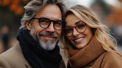 Happy couple wearing eyeglasses smiling outdoors