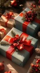 Various beautifully wrapped gift boxes with ribbons.