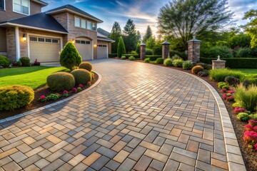 Fototapeta premium Curved brick driveway leading to home with green lawn and concrete texture