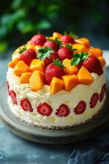 Delicious birthday cake decorated with strawberries and mango is standing on wooden cake stand