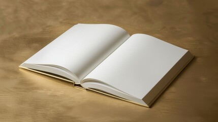 A pristine white hardcover book lies open on a golden surface, its blank pages inviting endless possibilities for creativity and expression. Ideal for designers and writers.