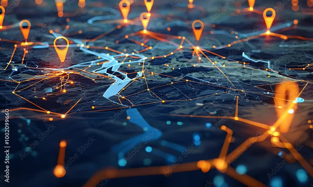 Poster 4k animated digital map with interconnected yellow location pins, symbolizing global network connect