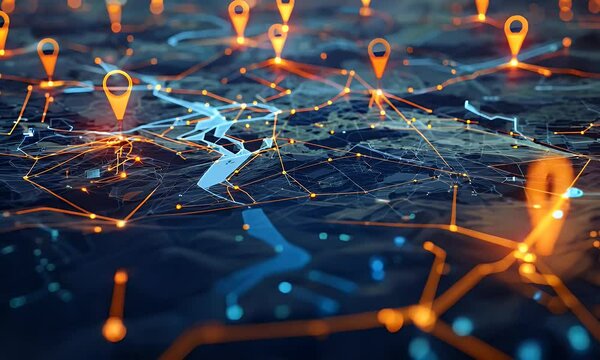 4K animated digital map with interconnected yellow location pins, symbolizing global network connectivity and geographic information technology. Business geolocation concept.