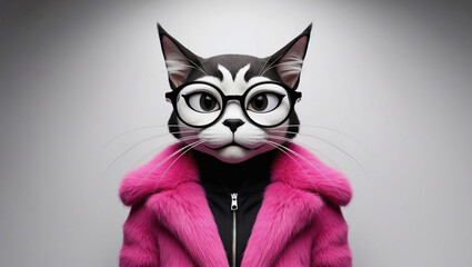 Cartoon cat in a pink fur coat.