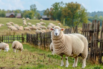 Obraz premium A sheep stands prominently in the foreground of a tranquil farm setting, surrounded by a rustic wooden fence and a cozy farmhouse in the background.