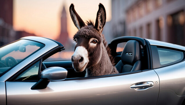 Donkey driving a convertible car.