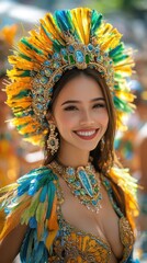 Fototapeta premium Colorful carnival dancer with vibrant feather headdress