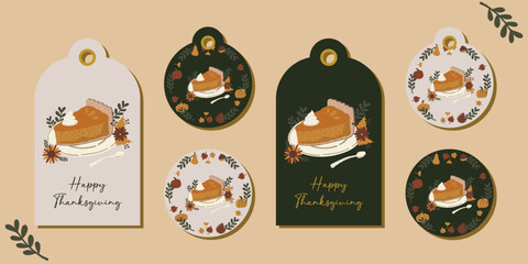 Autumn Fall Thanksgiving gift tag cards collection. Cozy flat hand drawn spice latte, pumpkin pie  design elements illustration. For present tags, card, scrapbooking, invitation, prints