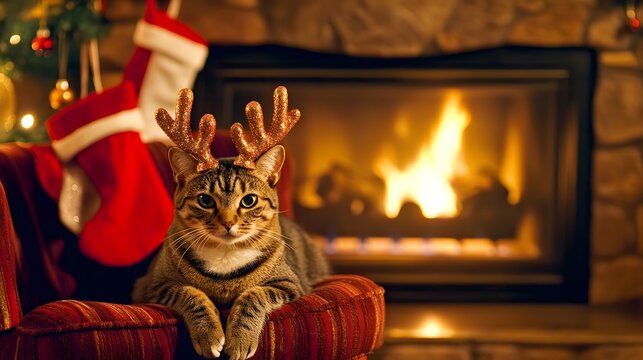 Cat wearing reindeer antlers curled up in a cozy chair by the fireplace, surrounded by Christmas stockings and festive holiday decor. Capturing the essence of a peaceful Christmas atmosphere