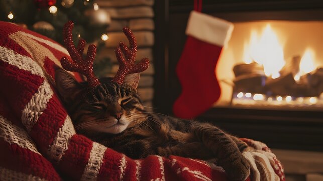 Cat wearing reindeer antlers curled up in a cozy chair by the fireplace, surrounded by Christmas stockings and festive holiday decor. Capturing the essence of a peaceful Christmas atmosphere