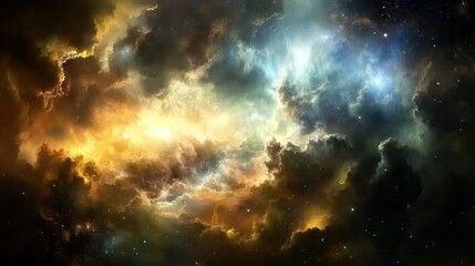 Obraz premium vibrant depiction of a nebula cloud formation in deep space, featuring a range of colors from gold to blue, surrounded by stars