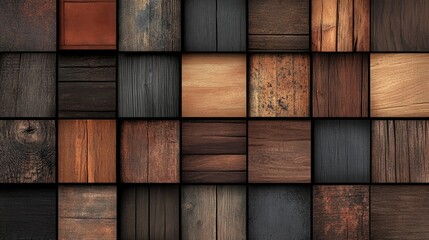 mosaic of dark wooden panels in varying sizes and shades, featuring rich textures and earthy tones