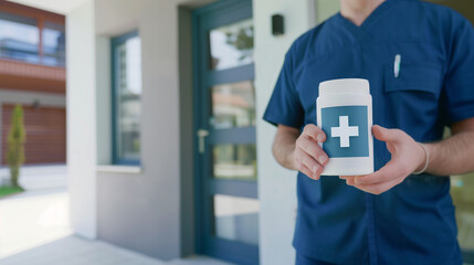 Medical delivery person in uniform holding prescription drug package with medical cross symbol, standing at modern hospital entrance, with copy space for text or design