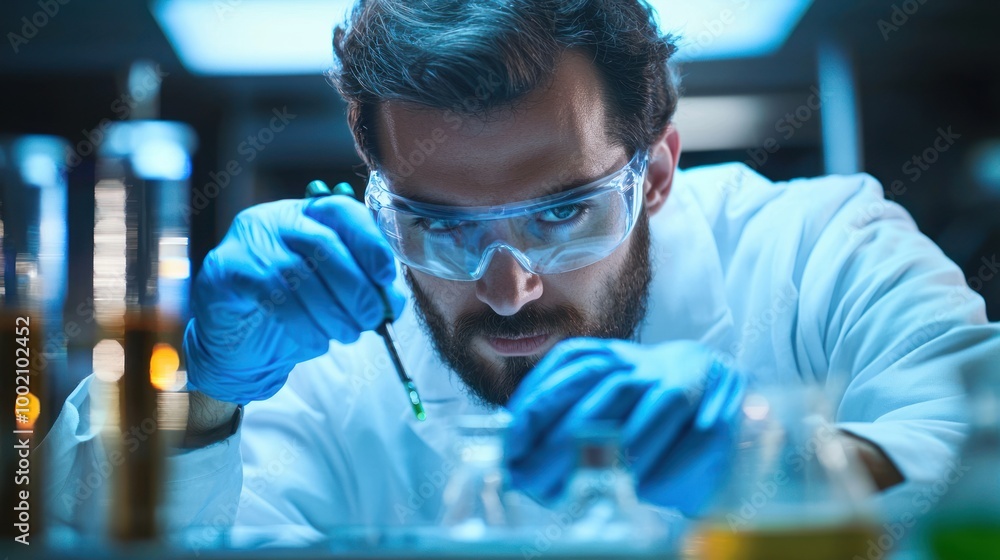 Poster a scientist carefully measuring liquid in a lab, representing the importance of accuracy in scientif