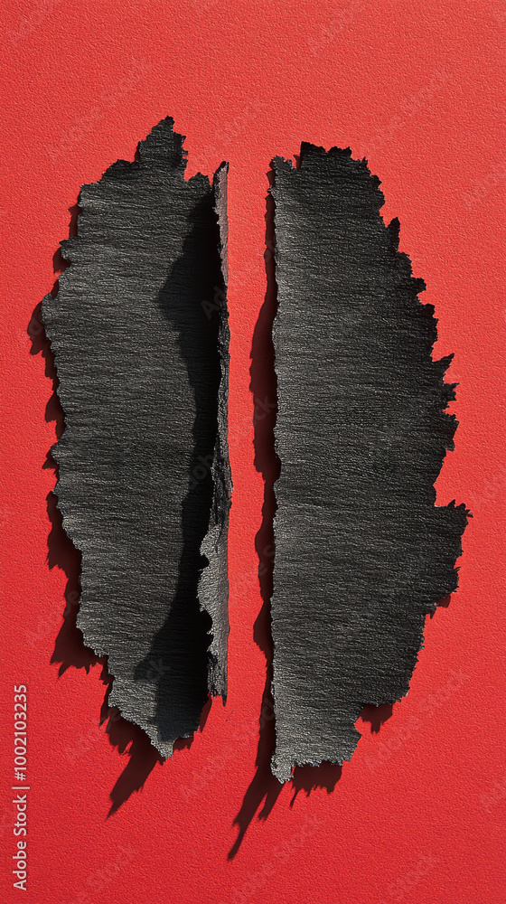 Poster this artwork showcases two jagged pieces of torn black paper set against a bright red background, cr