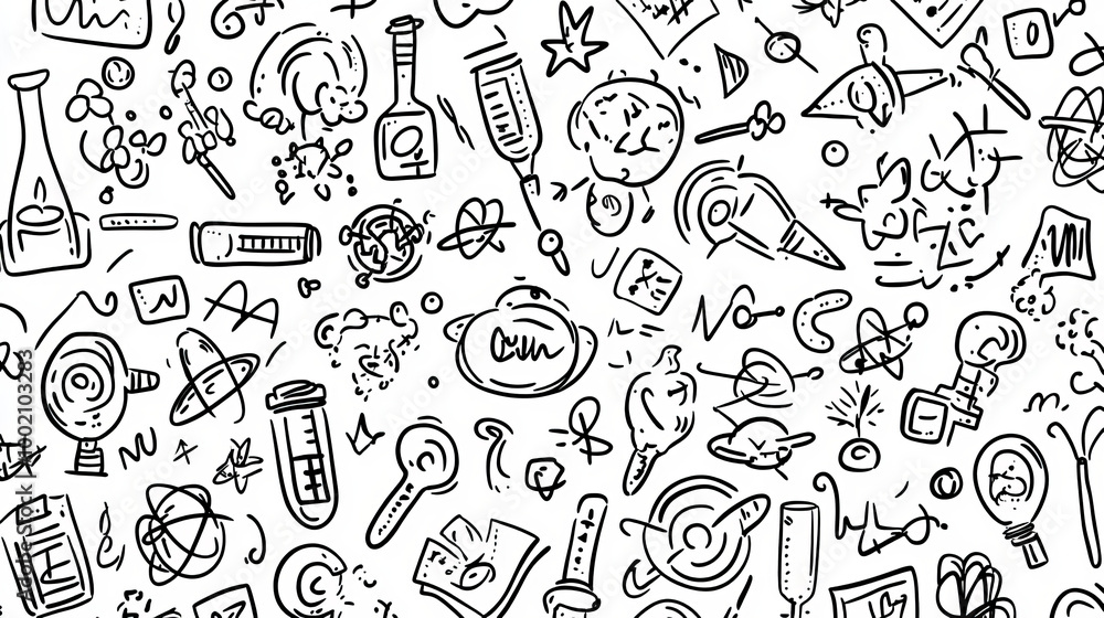 Poster a collection of science symbols, formulas, and experiments.this doodle-style design explores topics 