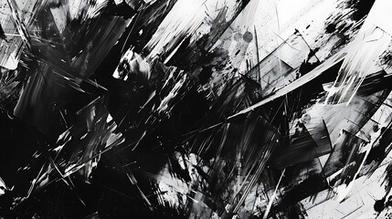 A powerful black and white abstract art piece with sharp lines and bold, jagged shapes colliding to form a sense of tension and energy. 8k UHD, suitable for high-quality printing or digital 