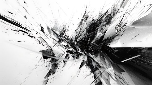 A powerful black and white abstract art piece with sharp lines and bold, jagged shapes colliding to form a sense of tension and energy. 8k UHD, suitable for high-quality printing or digital 