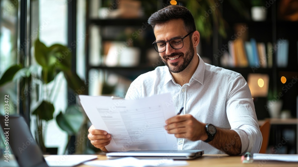 Poster a project manager reviewing a completed project checklist with a satisfied smile, representing the a