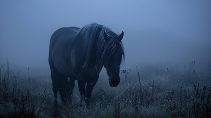 Fototapeta premium Mysterious black horse in the mist