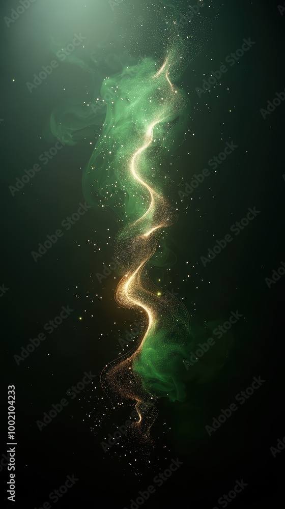 Poster illuminated green 3d wave lines with shiny gold curves and glittering light effects on dark gradient