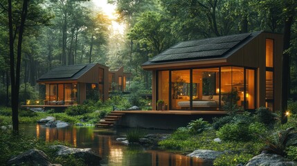 Fototapeta premium Modern tiny houses with solar panels situated in a lush forest near a creek.