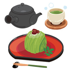 お盆に盛られた抹茶モンブランとお茶セット