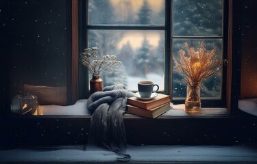 A window with a cozy winter scene outside, a cup of coffee on a stack of books, and a soft blanket...