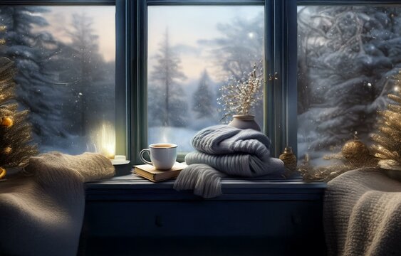 Fototapeta A steaming mug of coffee sits on a book on a windowsill, with cozy blankets and a decorative vase with branches nearby. The window looks out onto a winter scene.