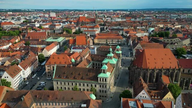 4K Aerial Drone Video of the St. Sebald Church and Police Station Town Hall in Downtown Nurnberg, Germany