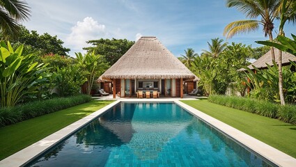 luxurious tropical villa with a thatched roof and wooden structure, surrounded by lush greenery.
