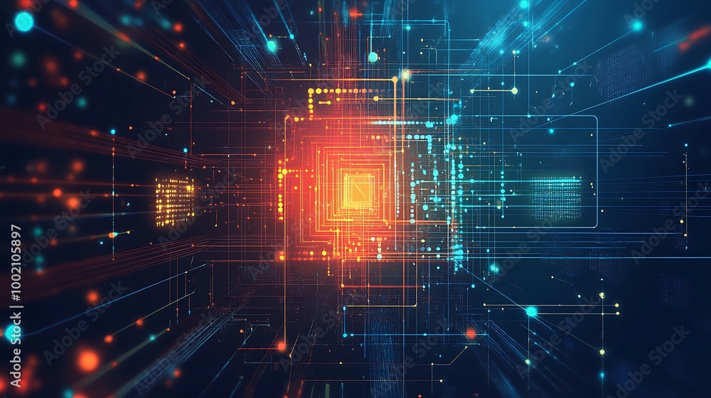 Poster Abstract digital network with glowing lines and dots, representing data flow and connection.