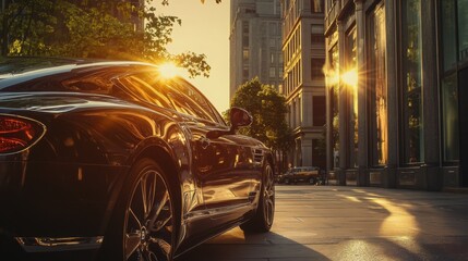 A luxury car parked on an elegant street in a modern city, captured in the golden hou