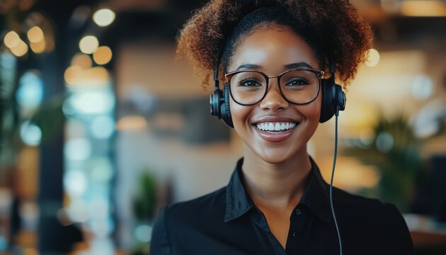 Smiling customer support agent wearing a headset, ready to assist.