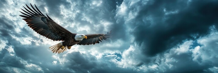 Obraz premium a bald eagle flying in a stormy cloud sky