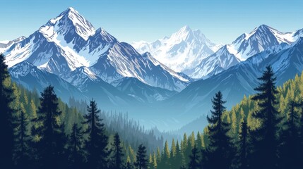Fototapeta premium Majestic snow-covered peaks rise above a vibrant forest under a bright blue sky