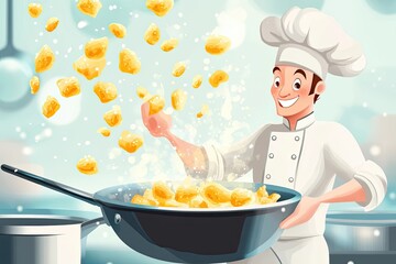 A Smiling Chef Holding a Pan of Food with Pieces Flying Upward