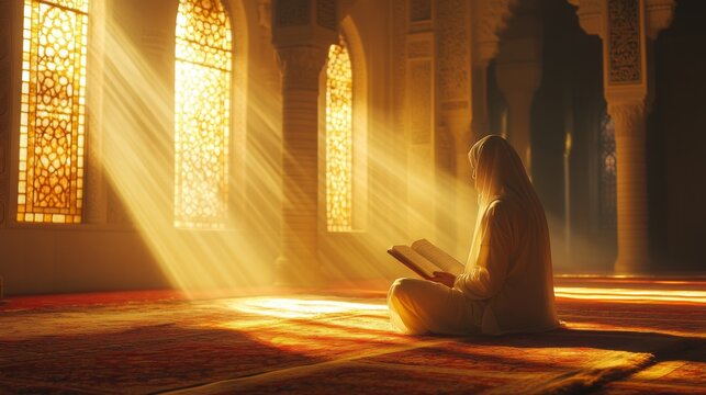 The sight of a Muslim woman reading the Quran in a mosque embodies the Islamic customs of Ramadan, Eid al-Fitr, and Eid al-Adha.