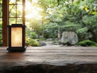 Fototapeta premium Peaceful garden lantern on wooden deck