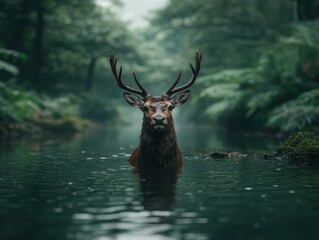 Naklejka premium majestic deer in misty forest pond